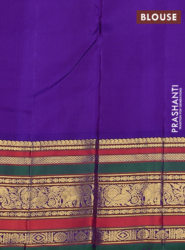 Pure kanchipuram silk saree rust shade and violet with zari woven buttas and rich zari woven korvai border