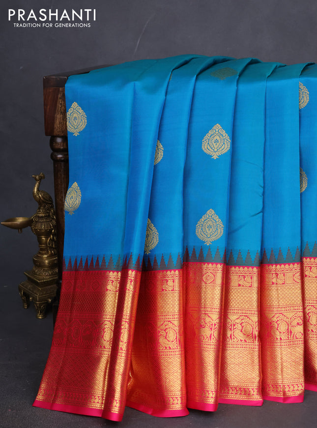 Pure kanchipuram silk saree dual shade of teal greenis blue and pink with zari woven buttas and temple design zari woven border