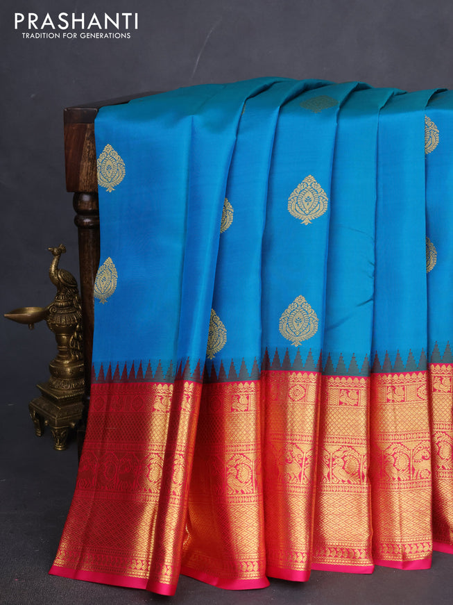 Pure kanchipuram silk saree dual shade of teal greenis blue and pink with zari woven buttas and temple design zari woven border