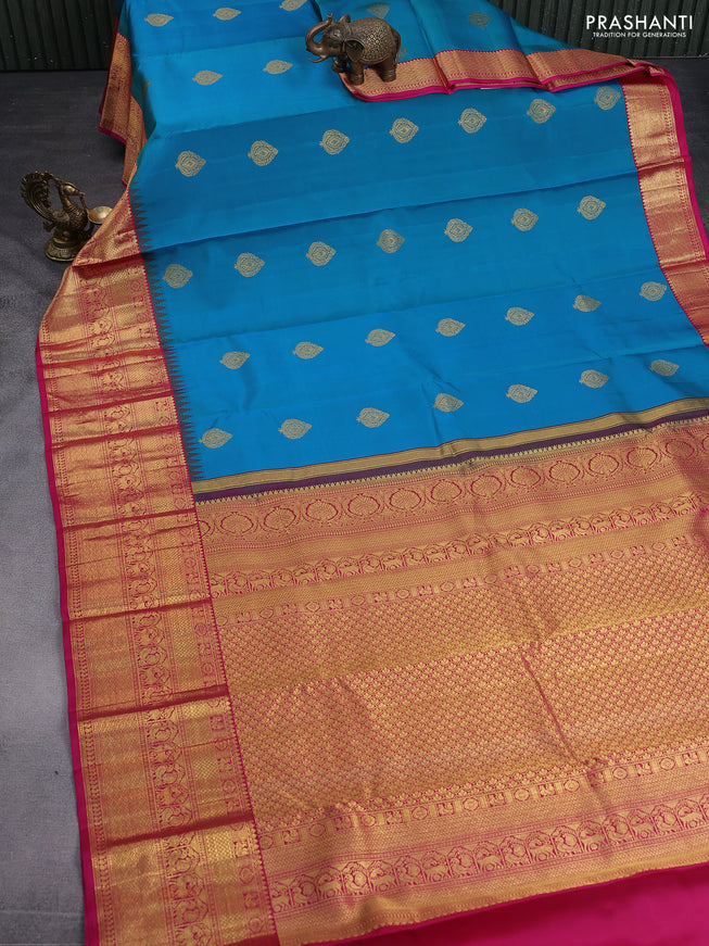 Pure kanchipuram silk saree dual shade of teal greenis blue and pink with zari woven buttas and temple design zari woven border