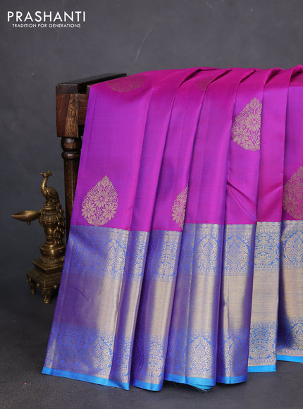 Pure kanchipuram silk saree purple and dual shade of cs blue with zari woven buttas and long rich zari woven border