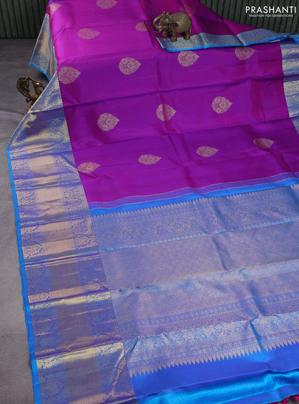Pure kanchipuram silk saree purple and dual shade of cs blue with zari woven buttas and long rich zari woven border