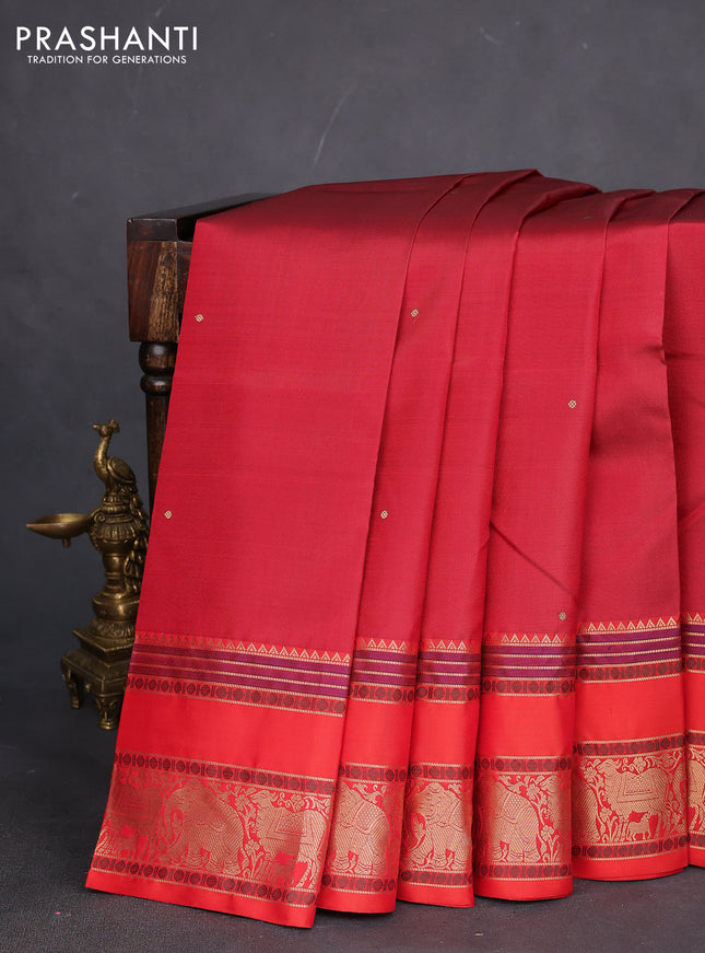 Pure kanchipuram silk saree maroon and red with zari woven buttas and long rettapet zari woven border