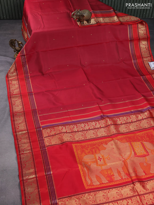 Pure kanchipuram silk saree maroon and red with zari woven buttas and long rettapet zari woven border