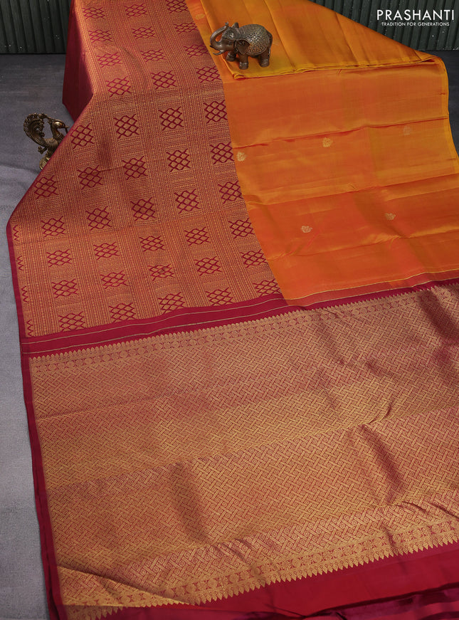 Pure kanchipuram silk saree mango yellow and maroon with half & half style and long zari woven border