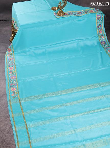 Pure mysore crepe silk saree teal blue with plain body and zari woven embroidery work border