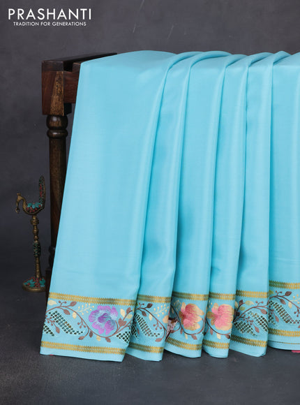 Pure mysore crepe silk saree light blue with plain body and zari woven embroidery & cut work border