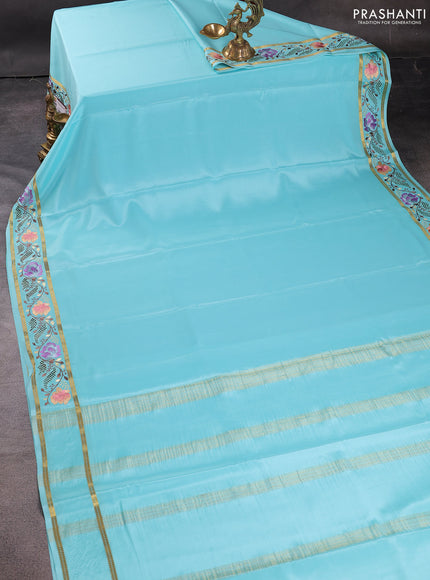 Pure mysore crepe silk saree light blue with plain body and zari woven embroidery & cut work border