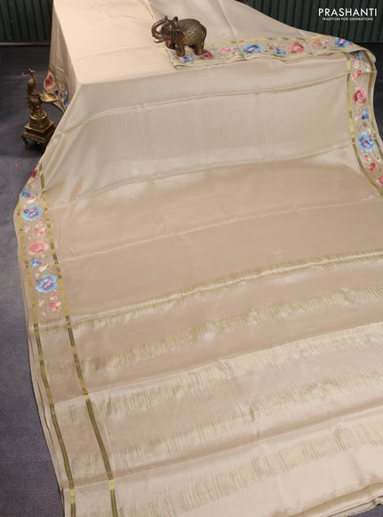 Pure mysore crepe silk saree cream with plain body and zari woven embroidery work border