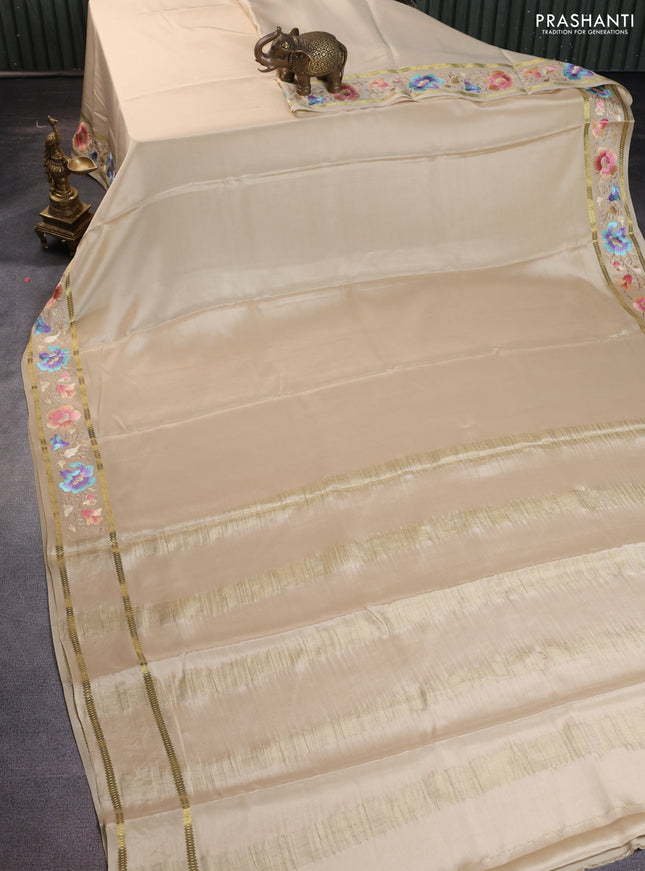 Pure mysore crepe silk saree cream with plain body and zari woven embroidery work border