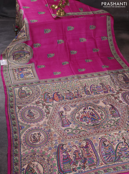 Madhubani printed silk saree Pink and Beige with butta prints and madhubani printed border