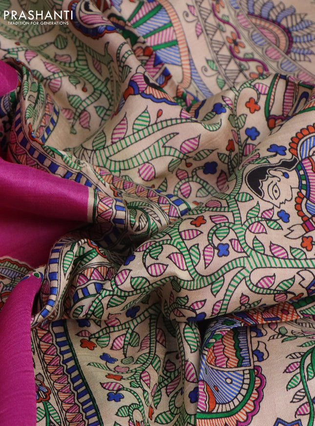 Madhubani printed silk saree Pink and Beige with butta prints and madhubani printed border