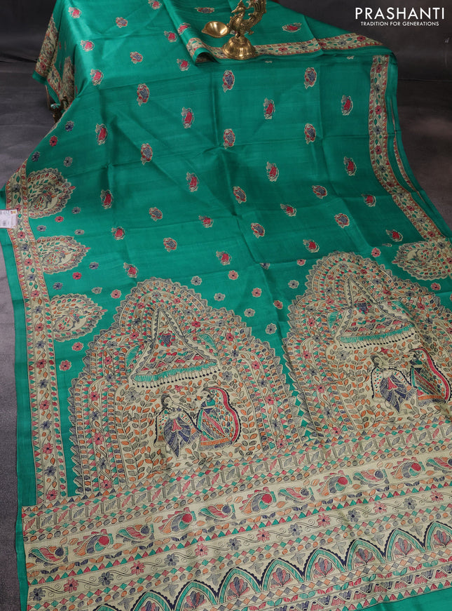 Madhubani printed silk saree Green and Beige with butta prints and madhubani printed border