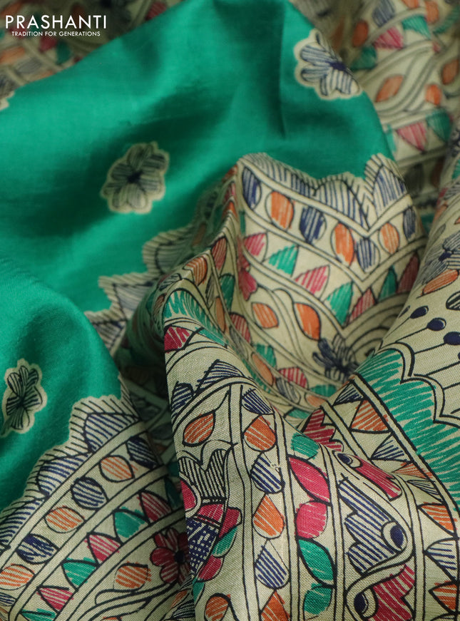 Madhubani printed silk saree Green and Beige with butta prints and madhubani printed border
