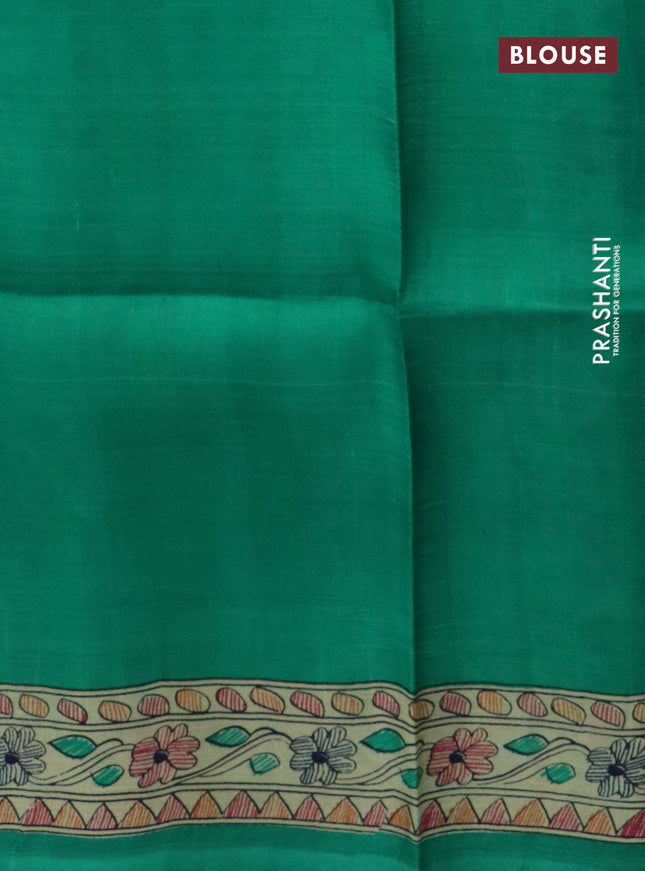 Madhubani printed silk saree Green and Beige with butta prints and madhubani printed border