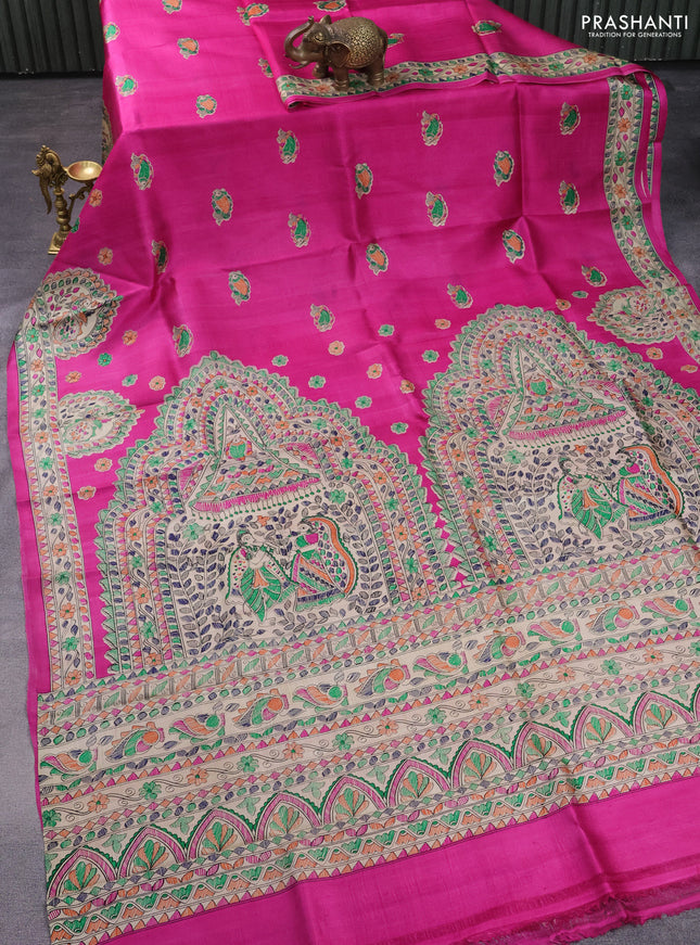 Madhubani printed silk saree Pink and Beige with butta prints and madhubani printed border