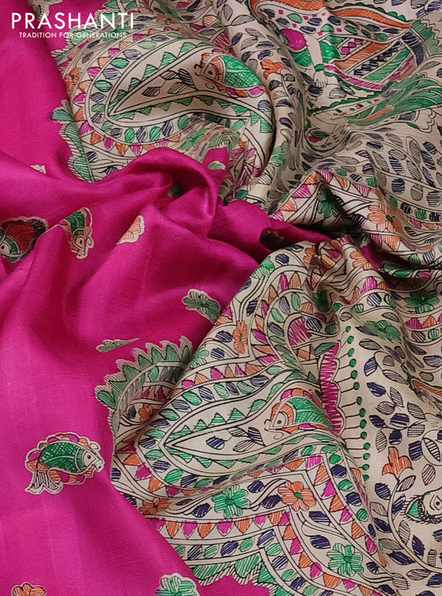 Madhubani printed silk saree Pink and Beige with butta prints and madhubani printed border