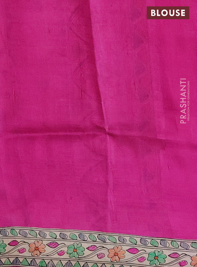 Madhubani printed silk saree Pink and Beige with butta prints and madhubani printed border