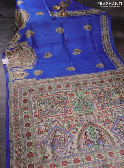 Madhubani printed silk saree Ink Blue and Beige with butta prints and long madhubani printed border