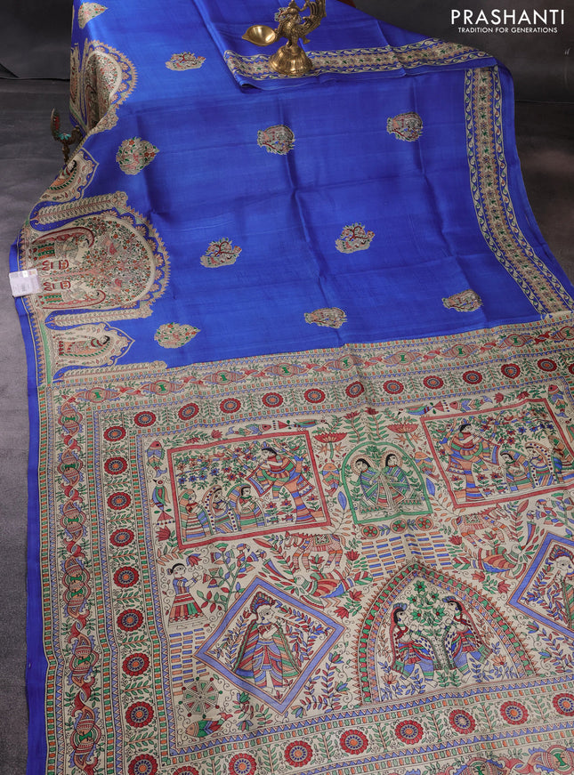 Madhubani printed silk saree Ink Blue and Beige with butta prints and long madhubani printed border