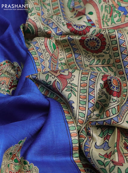 Madhubani printed silk saree Ink Blue and Beige with butta prints and long madhubani printed border