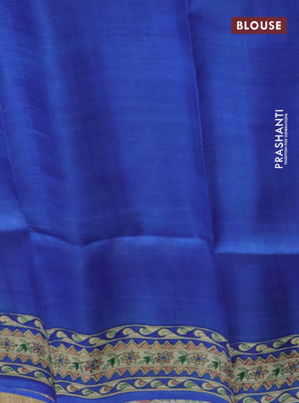 Madhubani printed silk saree Ink Blue and Beige with butta prints and long madhubani printed border