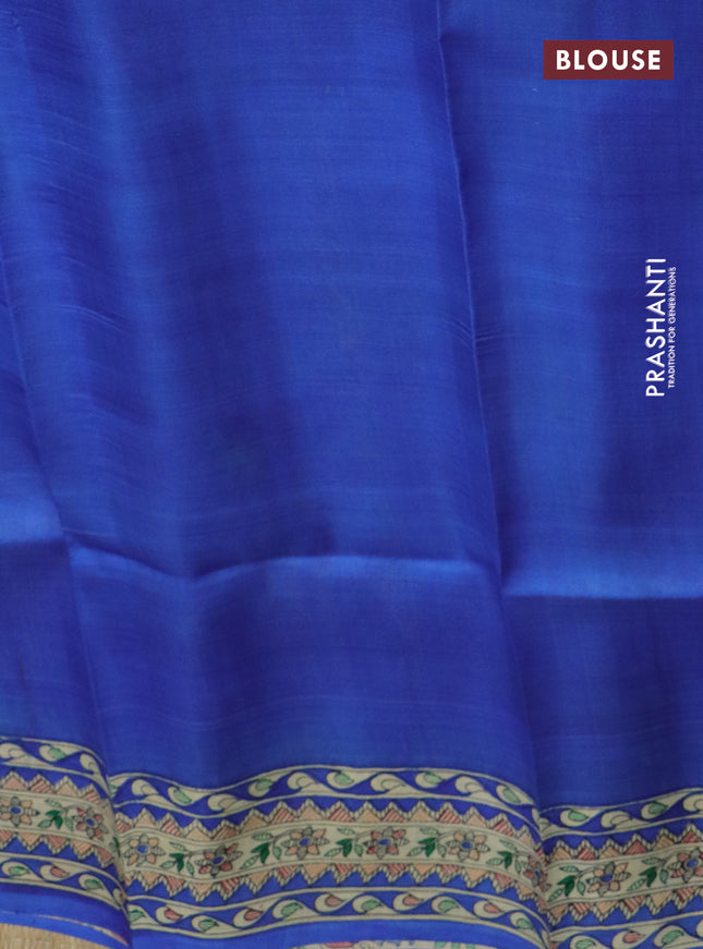 Madhubani printed silk saree Ink Blue and Beige with butta prints and long madhubani printed border