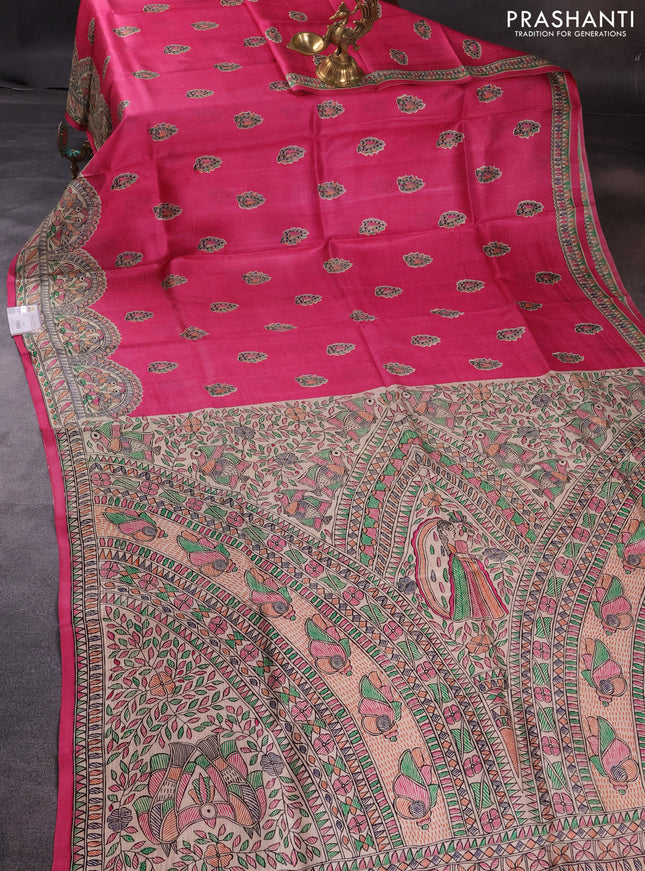 Madhubani printed silk saree Light Pink and Beige with butta prints and madhubani printed border