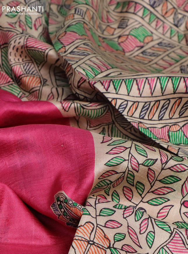 Madhubani printed silk saree Light Pink and Beige with butta prints and madhubani printed border