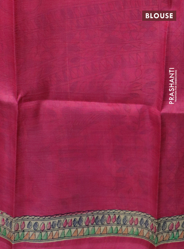 Madhubani printed silk saree Light Pink and Beige with butta prints and madhubani printed border