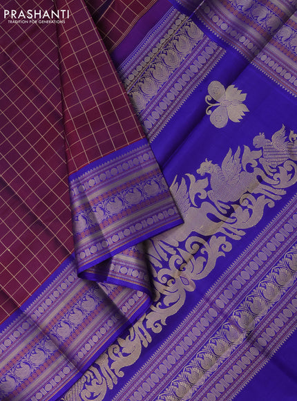 Pure kanchipuram silk saree maroon and blue with allover thread checks and long thread woven border