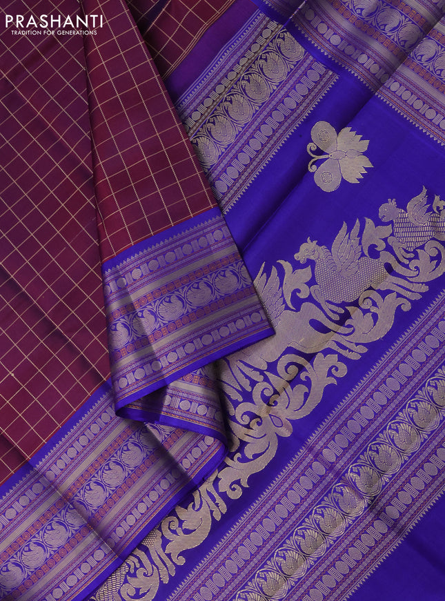 Pure kanchipuram silk saree maroon and blue with allover thread checks and long thread woven border
