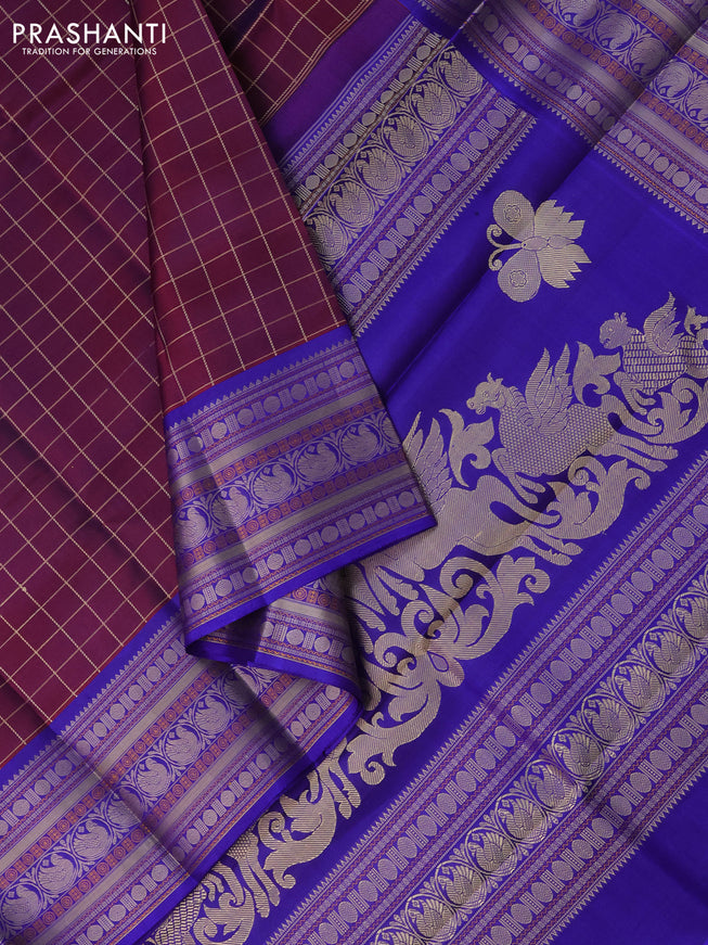 Pure kanchipuram silk saree maroon and blue with allover thread checks and long thread woven border