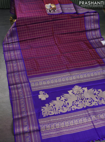 Pure kanchipuram silk saree maroon and blue with allover thread checks and long thread woven border