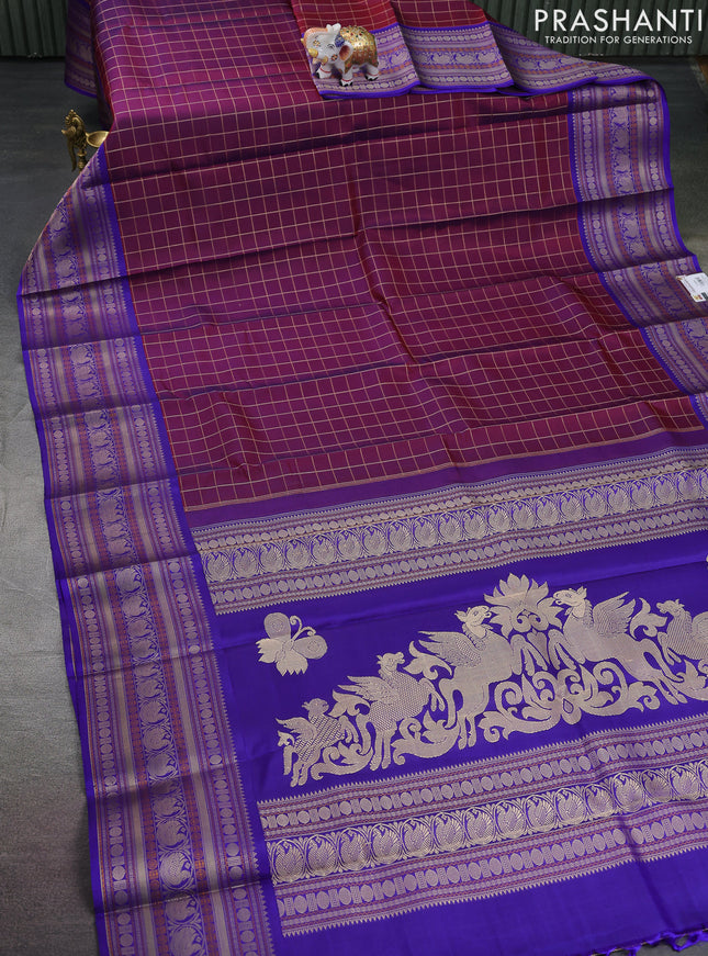 Pure kanchipuram silk saree maroon and blue with allover thread checks and long thread woven border