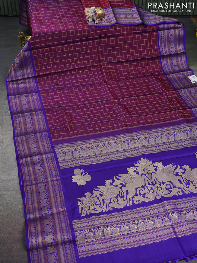 Pure kanchipuram silk saree maroon and blue with allover thread checks and long thread woven border