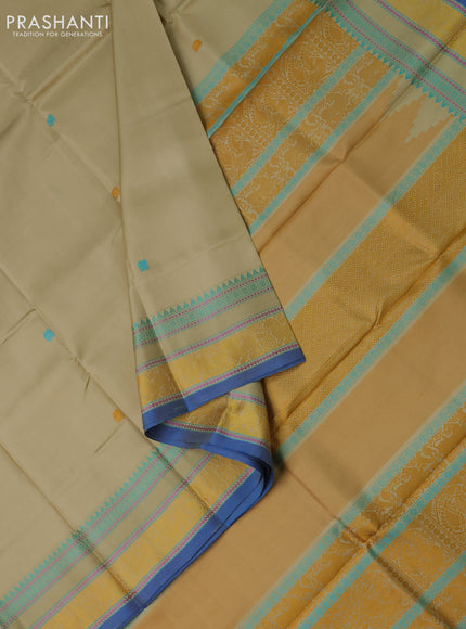 Pure kanchipuram silk saree beige and blue with thread woven buttas and rettapet thread woven border