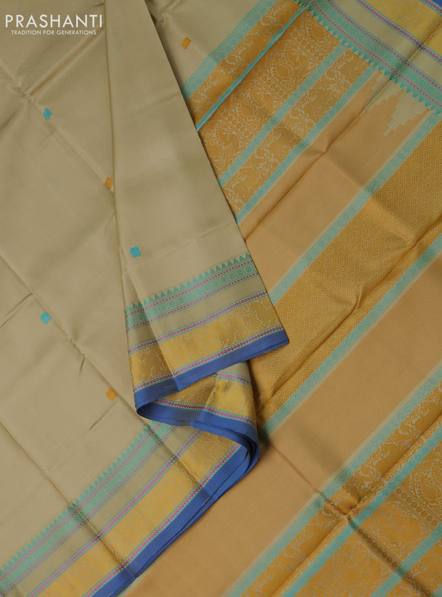 Pure kanchipuram silk saree beige and blue with thread woven buttas and rettapet thread woven border