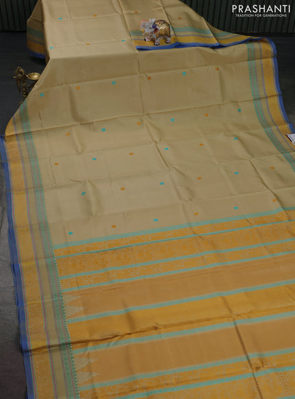 Pure kanchipuram silk saree beige and blue with thread woven buttas and rettapet thread woven border