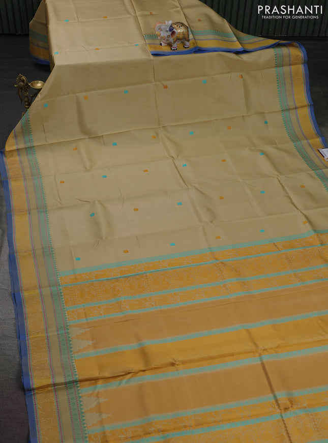 Pure kanchipuram silk saree beige and blue with thread woven buttas and rettapet thread woven border