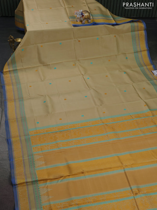 Pure kanchipuram silk saree beige and blue with thread woven buttas and rettapet thread woven border