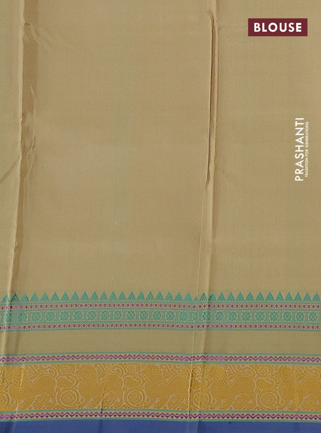 Pure kanchipuram silk saree beige and blue with thread woven buttas and rettapet thread woven border