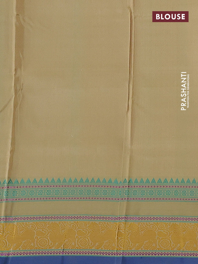 Pure kanchipuram silk saree beige and blue with thread woven buttas and rettapet thread woven border