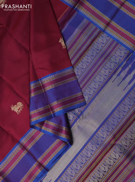 Pure kanchipuram silk saree maroon and dual shade of blue with thread woven buttas and long rettapet thread woven border