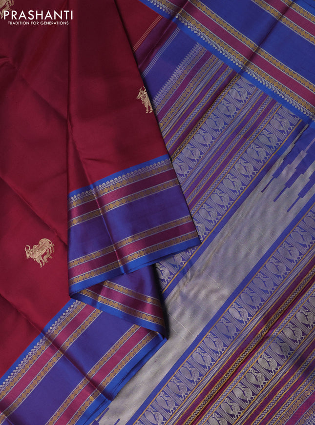 Pure kanchipuram silk saree maroon and dual shade of blue with thread woven buttas and long rettapet thread woven border