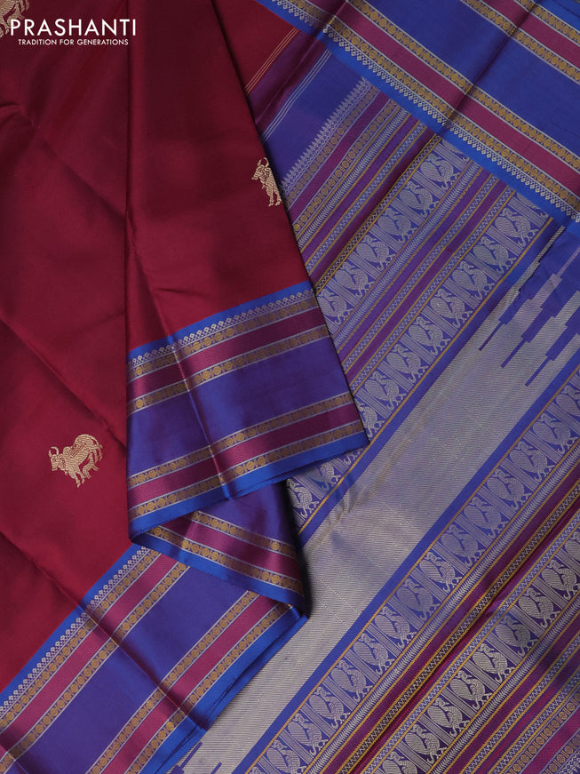 Pure kanchipuram silk saree maroon and dual shade of blue with thread woven buttas and long rettapet thread woven border