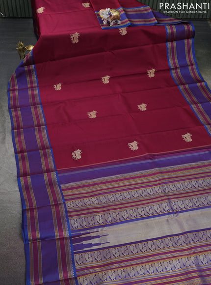 Pure kanchipuram silk saree maroon and dual shade of blue with thread woven buttas and long rettapet thread woven border