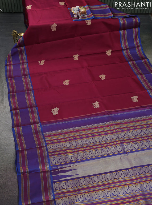 Pure kanchipuram silk saree maroon and dual shade of blue with thread woven buttas and long rettapet thread woven border