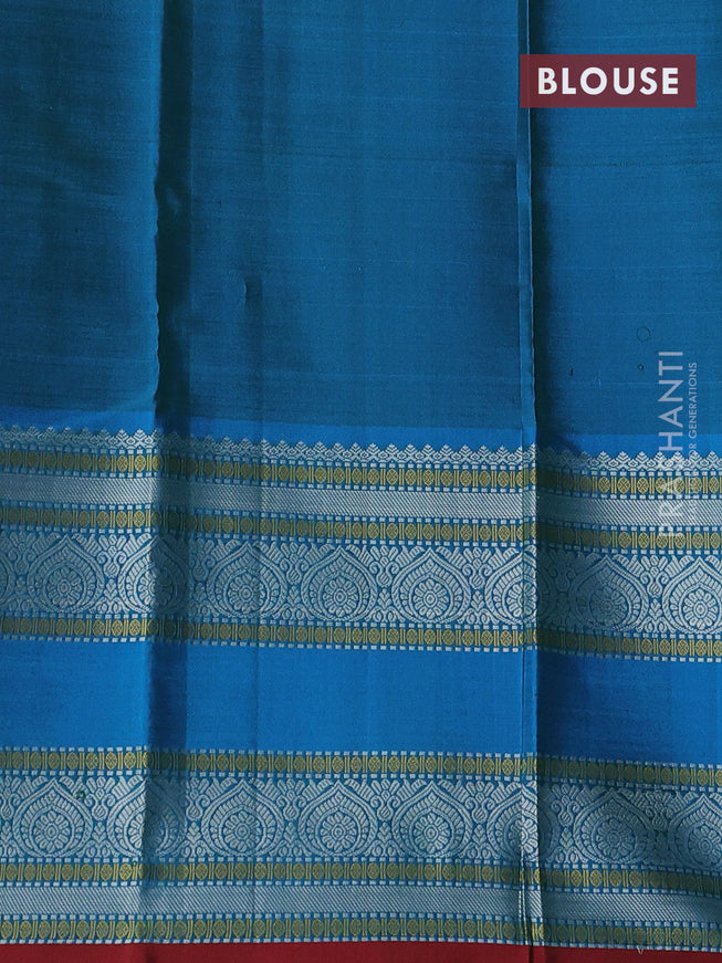 Pure kanchipuram silk saree dual shade of blue and red with thread woven buttas and long thread woven border