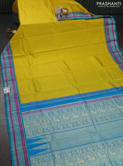 Pure kanchipuram silk saree yellow and dual shade of teal blue with allover thread checks & buttas and temple design thread woven border